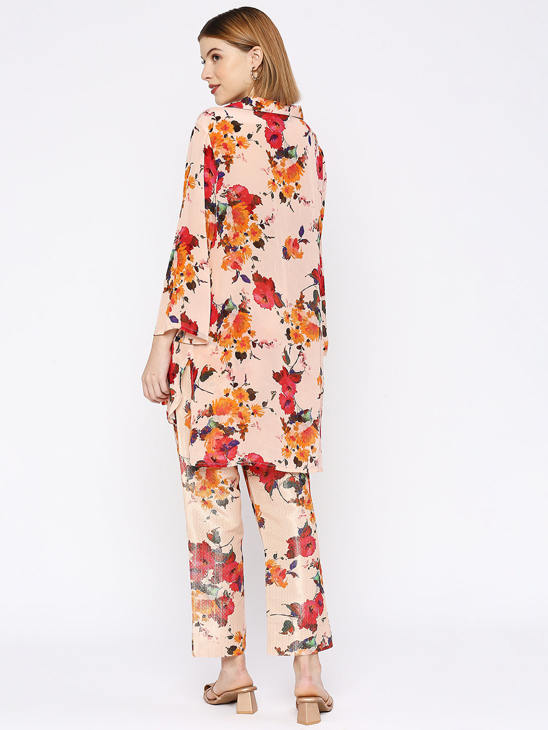 Peach Flower Printed Co-Ord Set With Brocade Pant