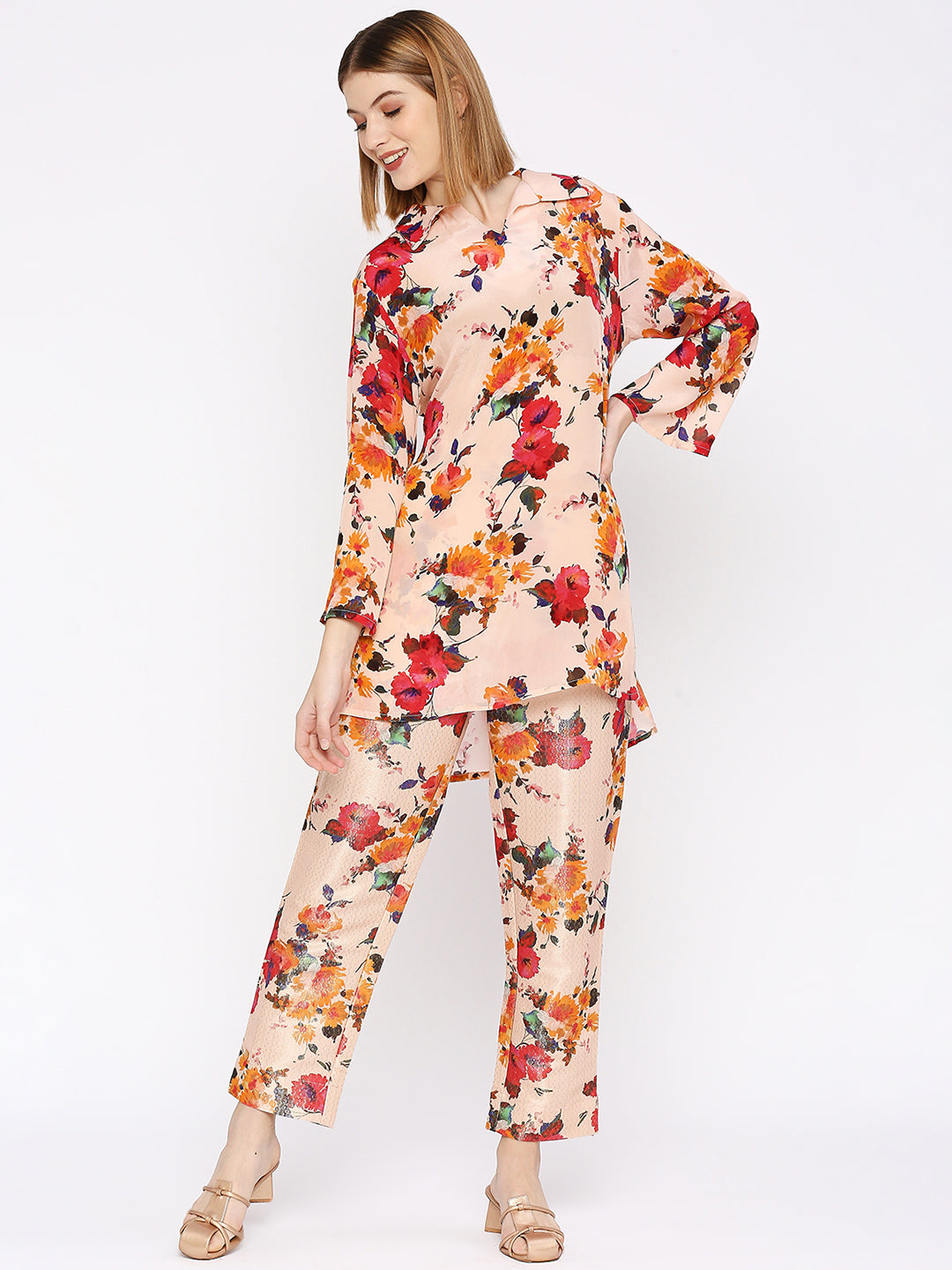 Peach Flower Printed Co-Ord Set With Brocade Pant