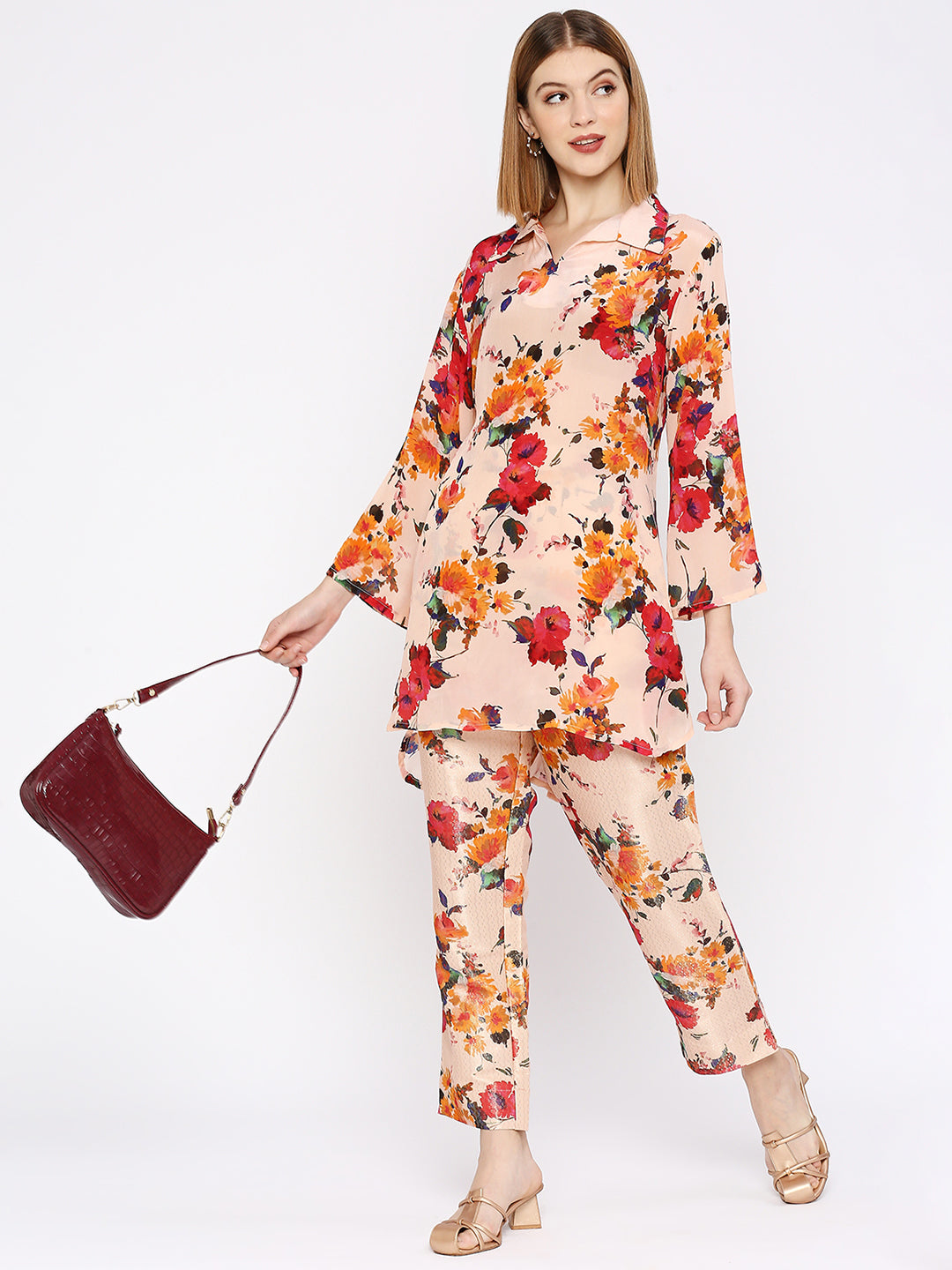 Peach Co-Ord Set With Brocade Pant