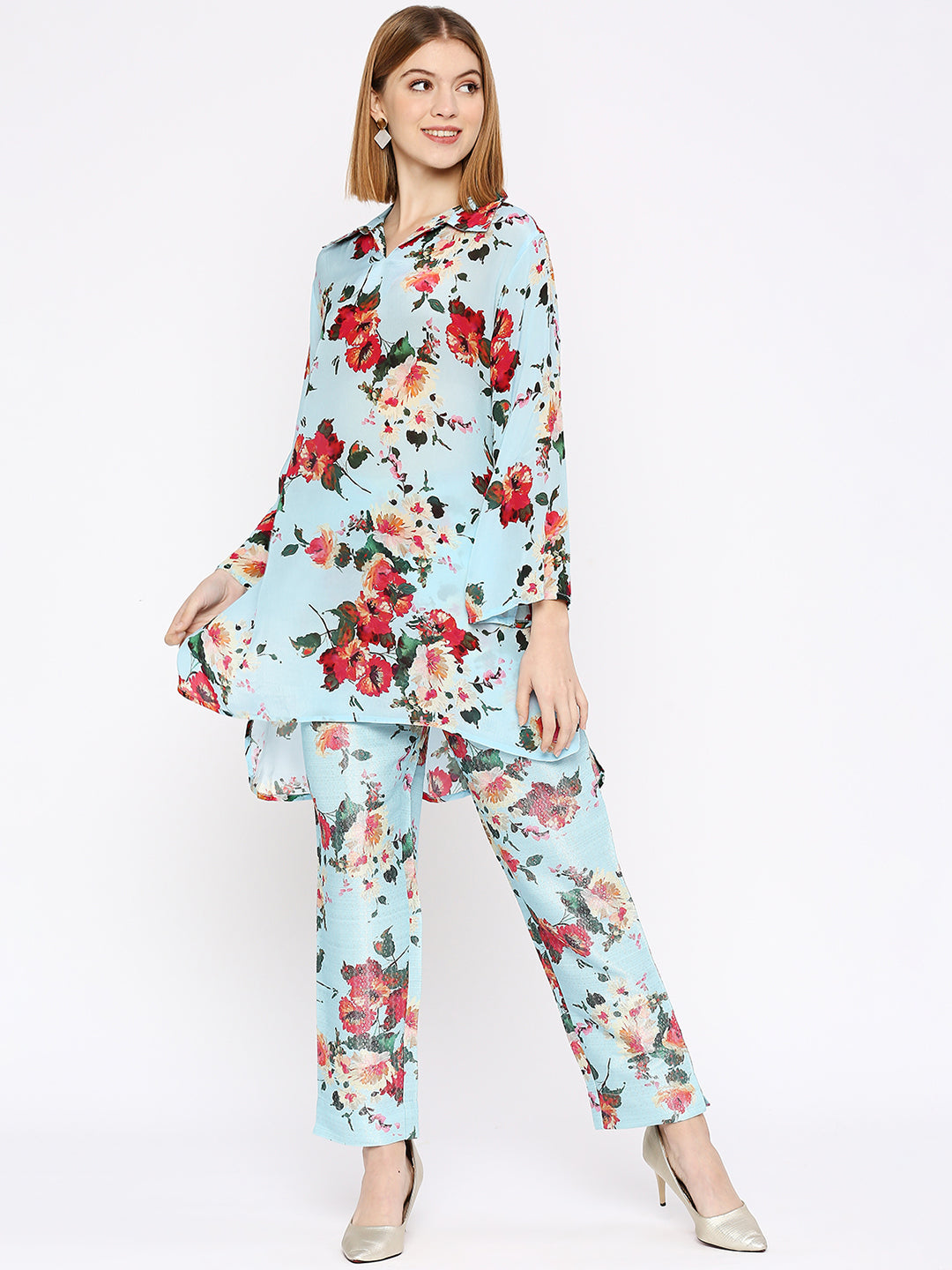 Viscose Floral Printed Blue Shirt Top