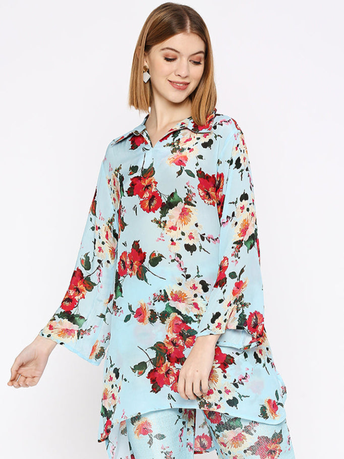Viscose Floral Printed Blue Shirt Top