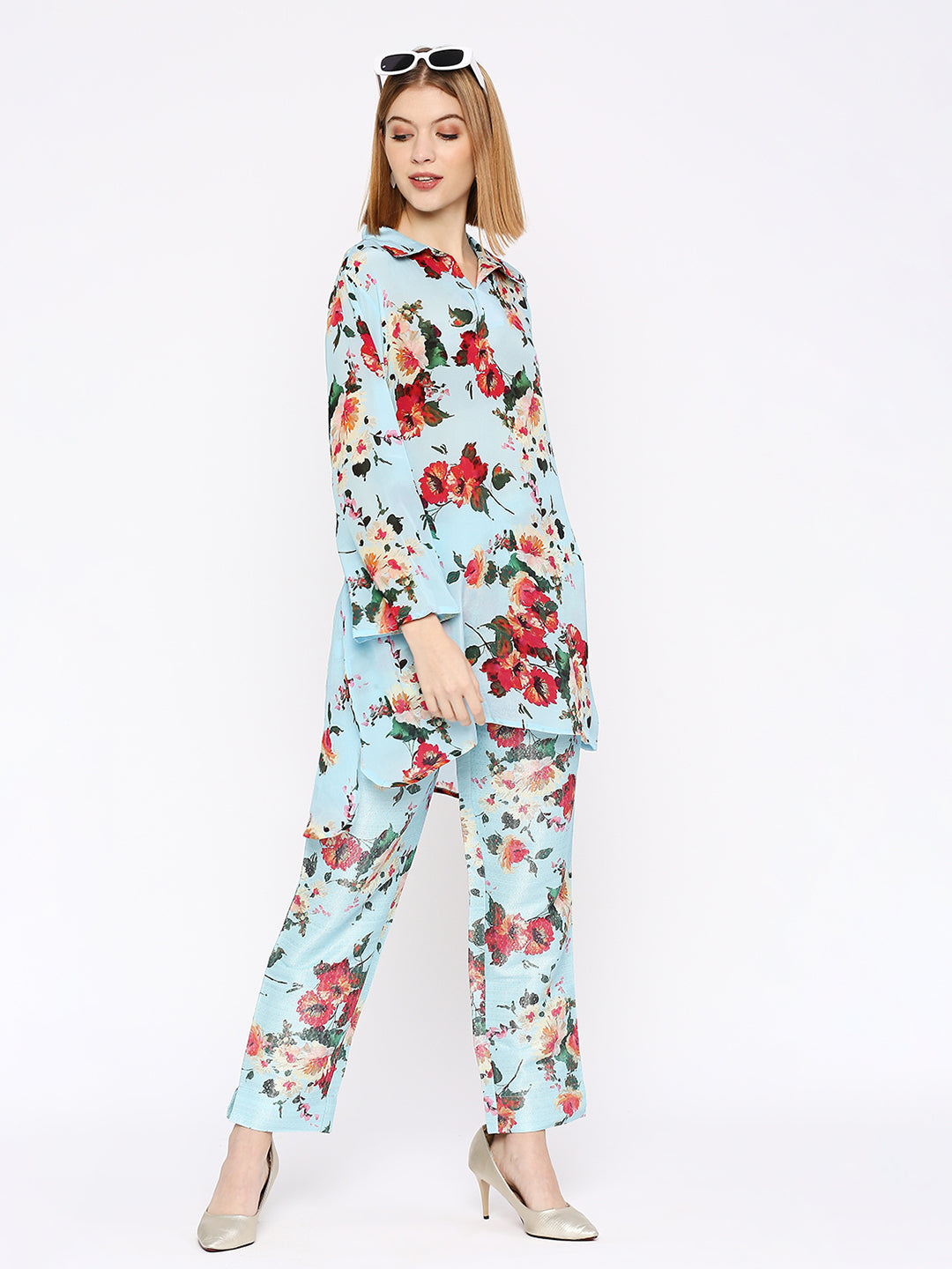 Light Blue Floral Printed Brocade Pant