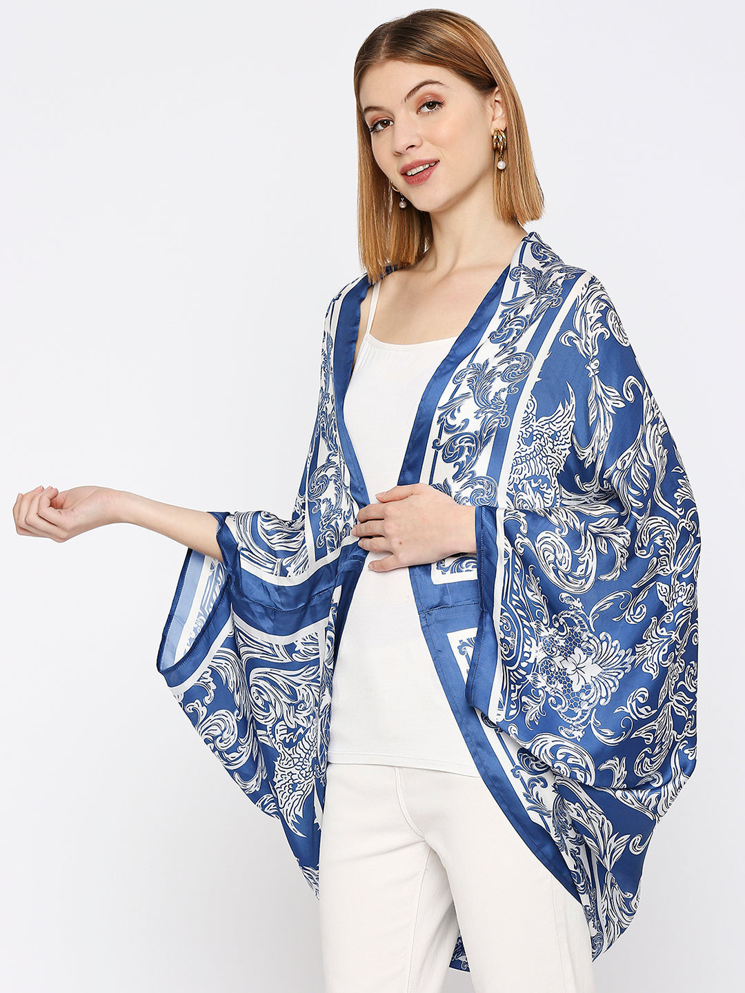 Blue And White Ethnic Printed Cape