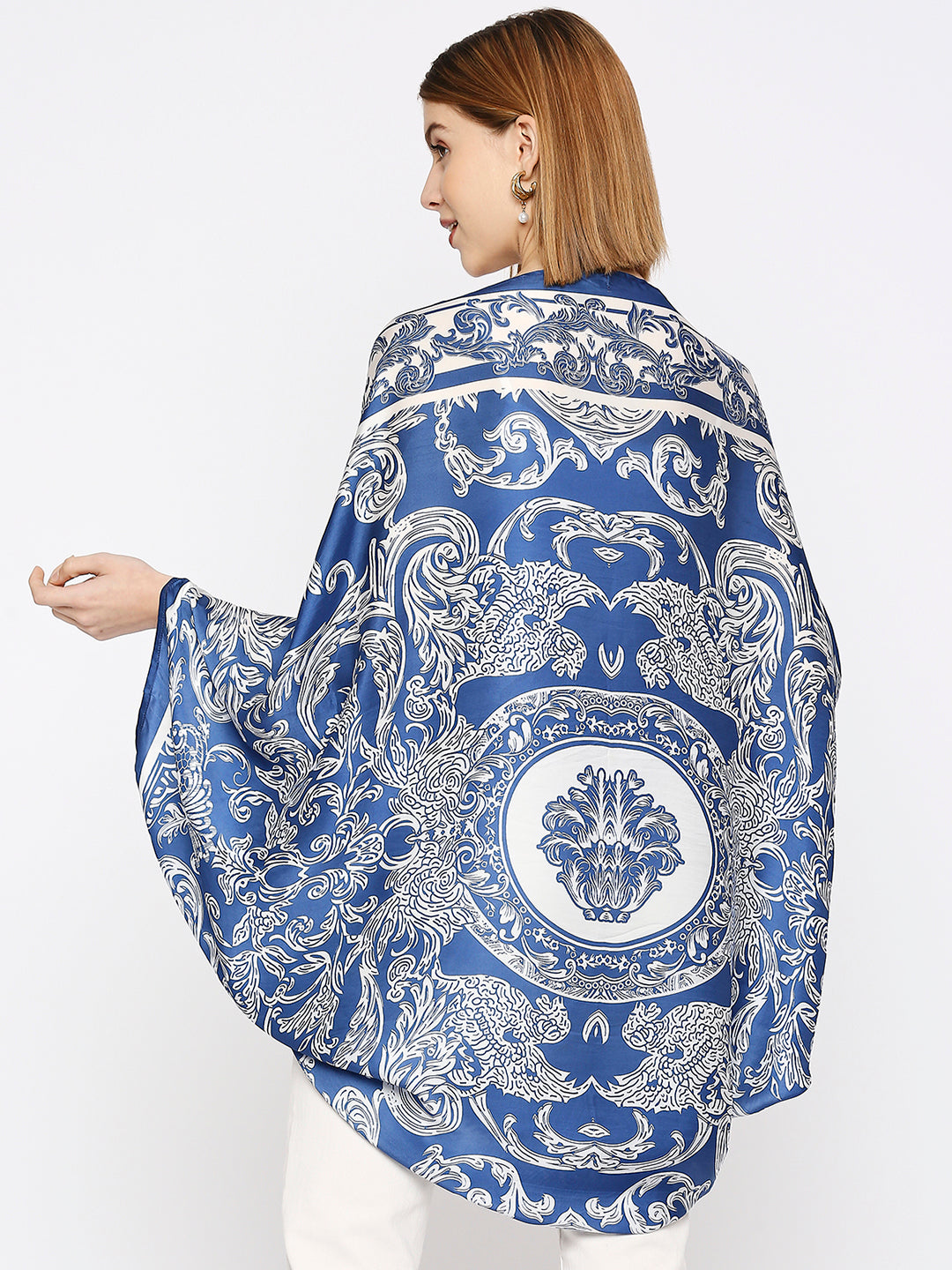 Blue And White Ethnic Printed Cape