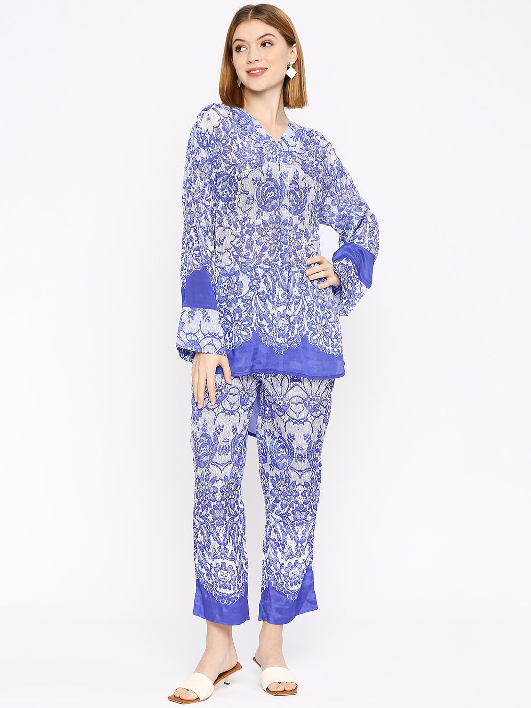 Royal Blue Lace Printed Co-ord Set