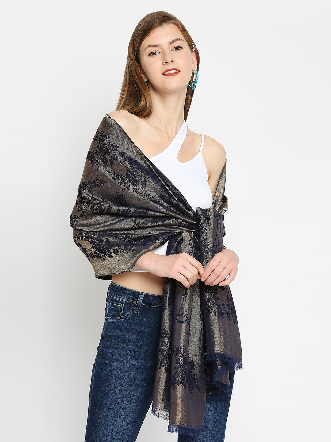 Brocade Floral Design Navy Blue Wrap