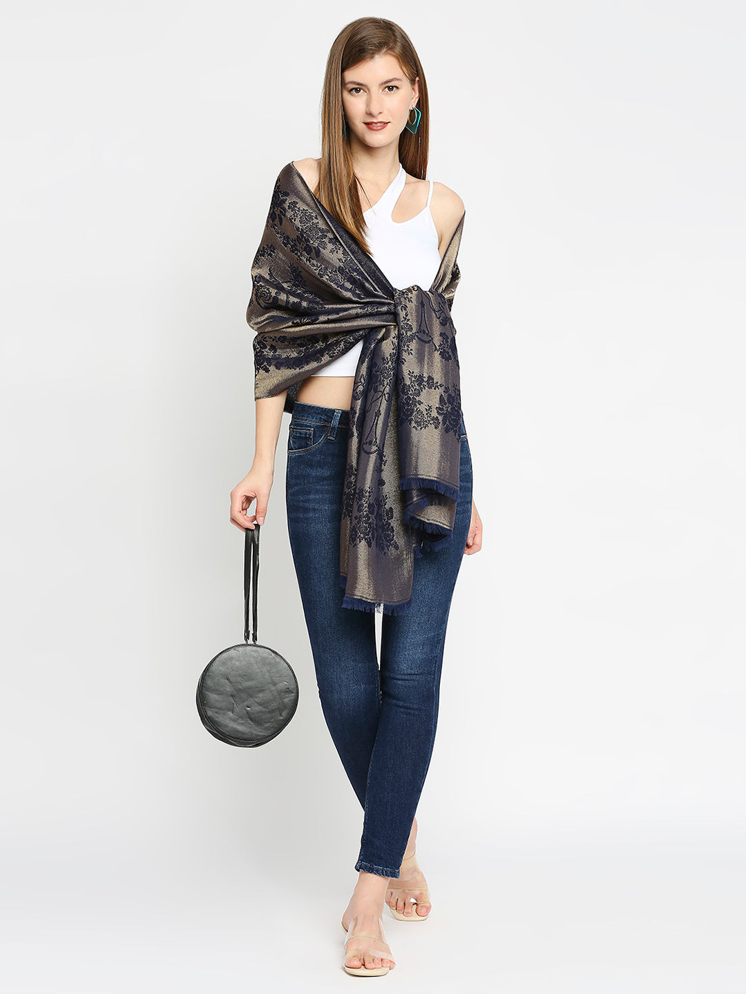 Brocade Floral Design Navy Blue Wrap