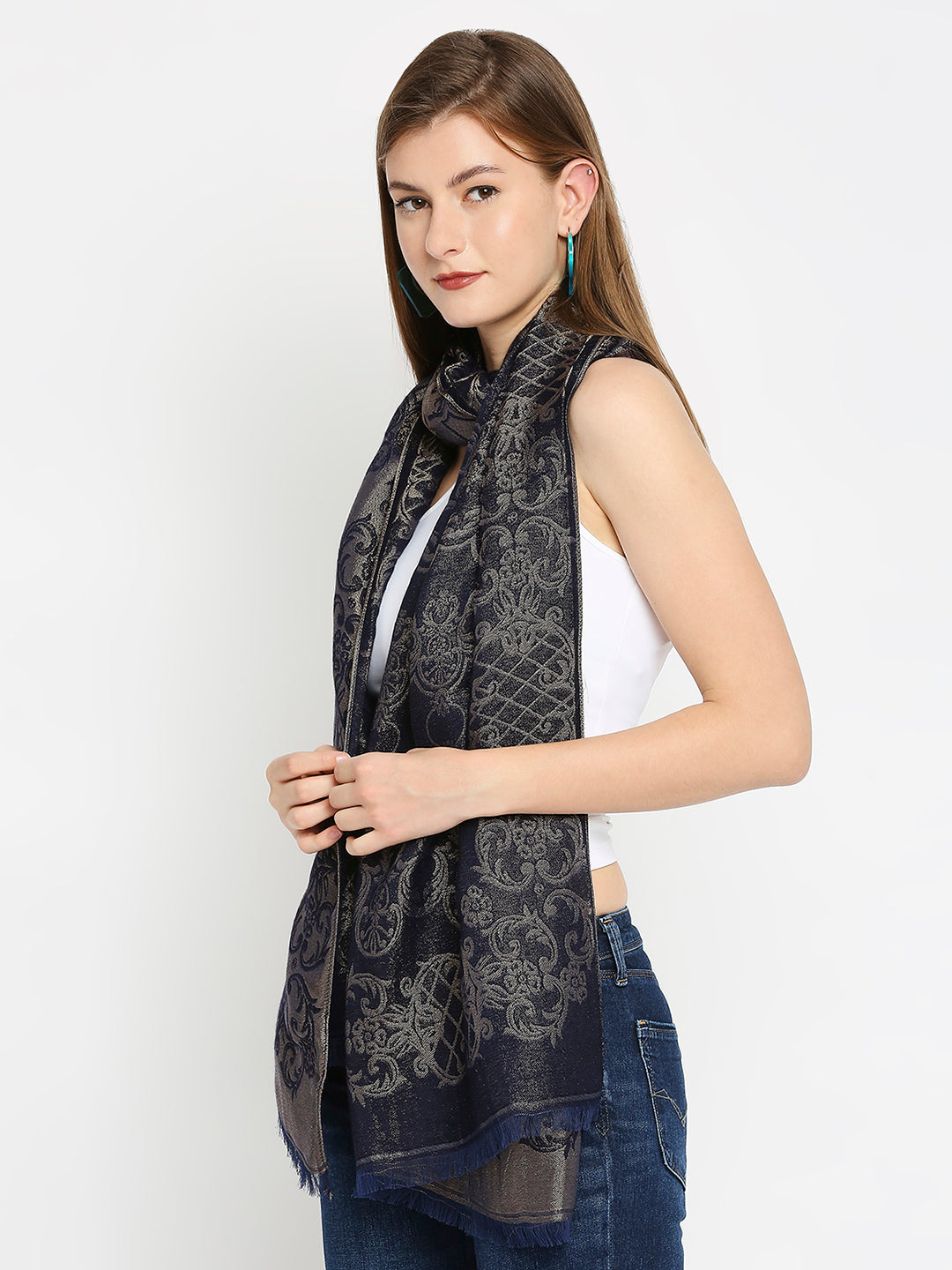 Brocade Ornamental Designed Navy Blue Wrap