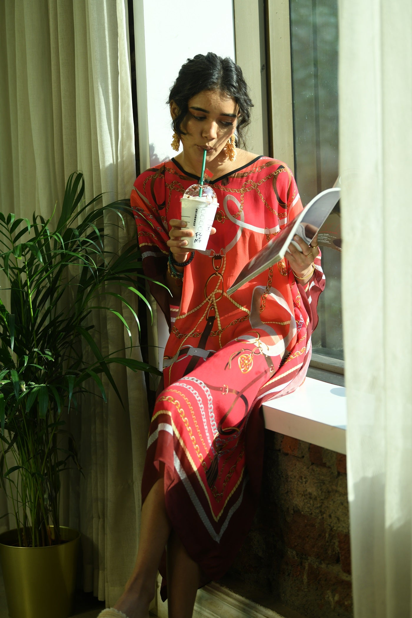 Chains & Belts Printed Red Kaftan