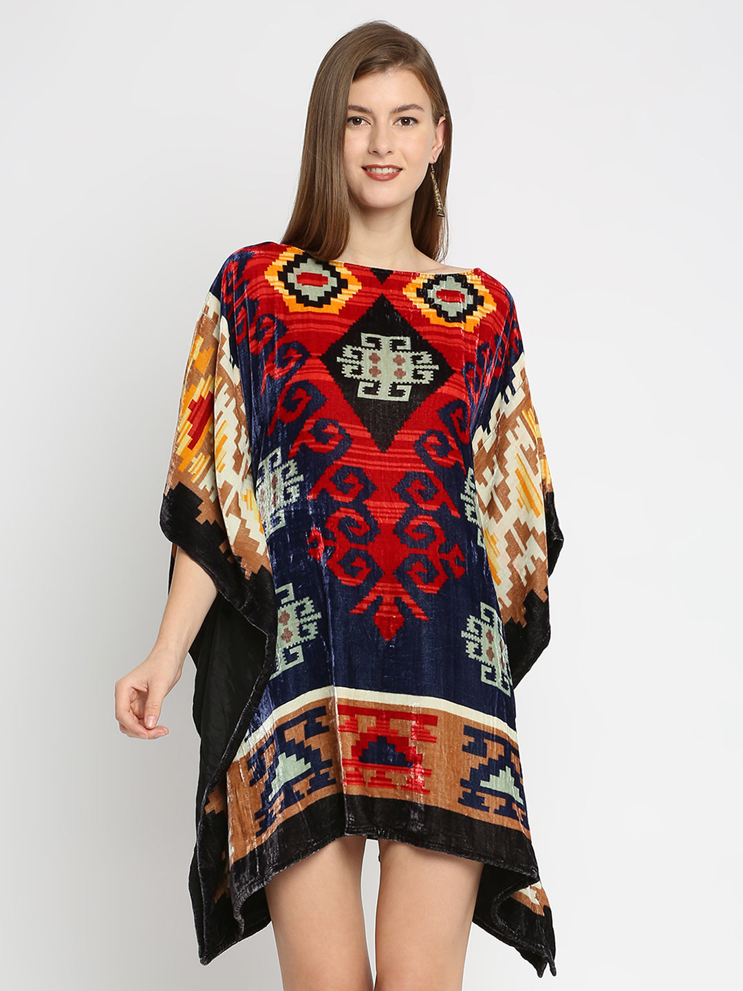 Velvet Kilim Printed Blue & Red Kaftan