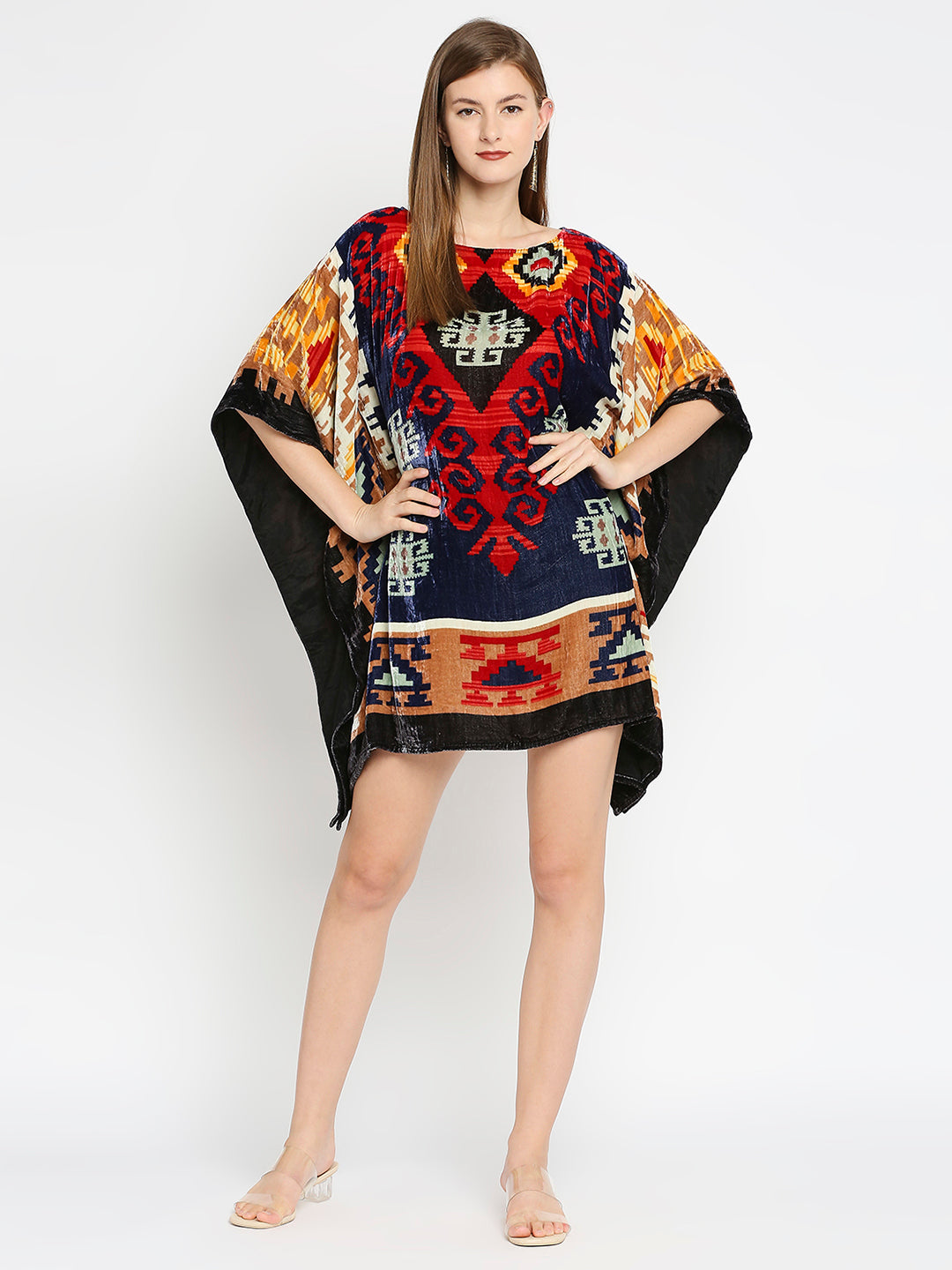 Velvet Kilim Printed Blue & Red Kaftan