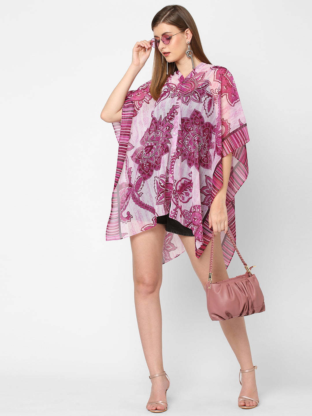 Pink & White Print Kaftan Longline Top