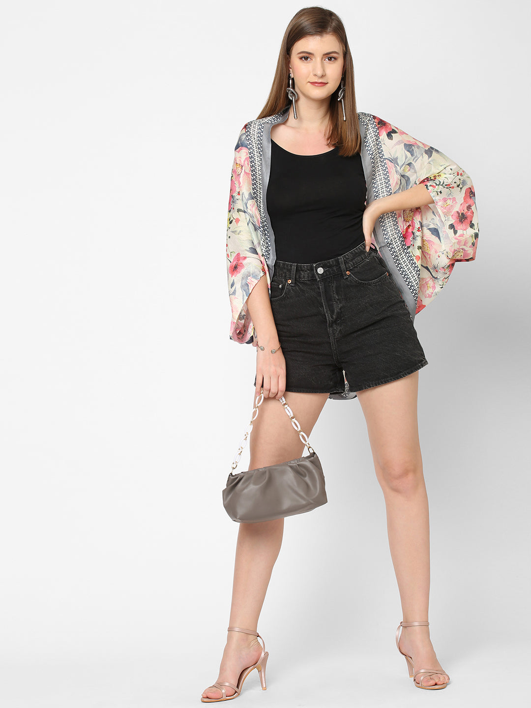 White and Pink Floral Print Cape
