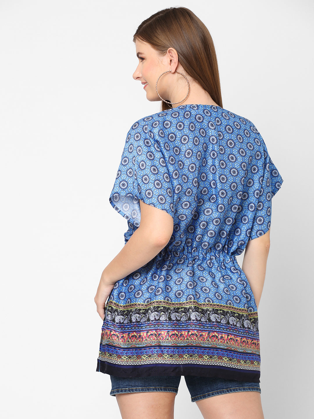 Blue Floral Printed Front Tie Top Poncho