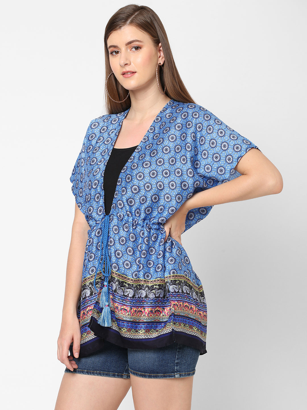 Blue Floral Printed Front Tie Top Poncho