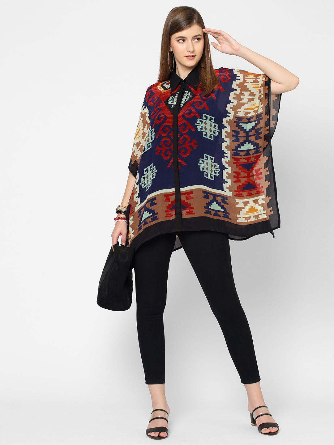 Blue & Red Kilim Printed Shirt Style Kaftan