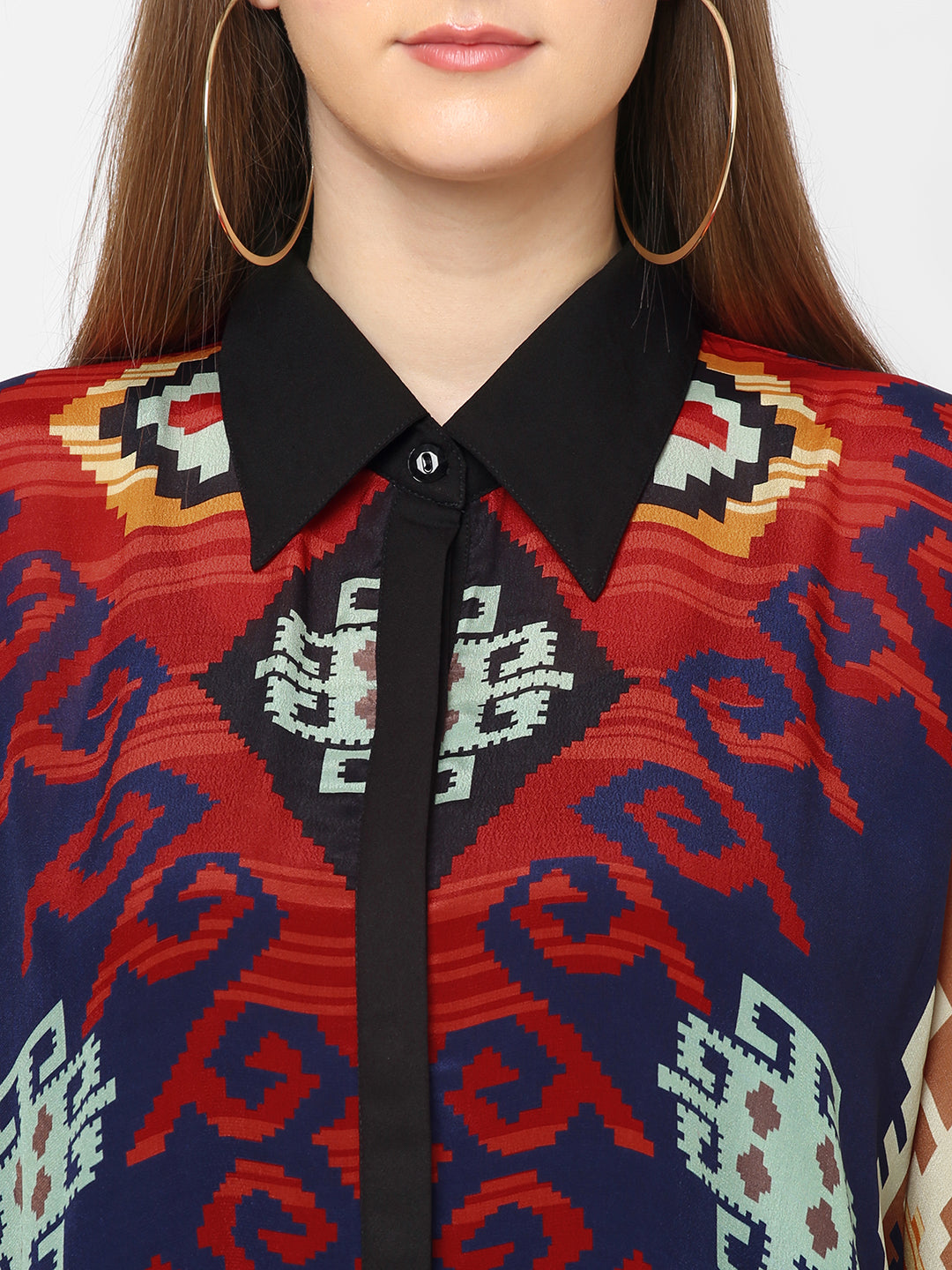 Blue & Red Kilim Printed Shirt Style Kaftan