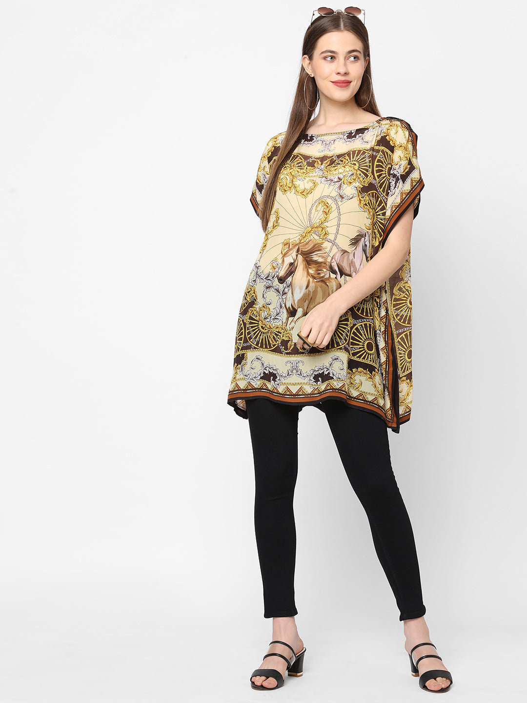 Beige Print Extended Sleeves Chiffon Top