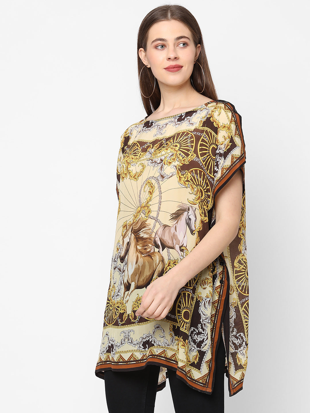 Beige Print Extended Sleeves Chiffon Top