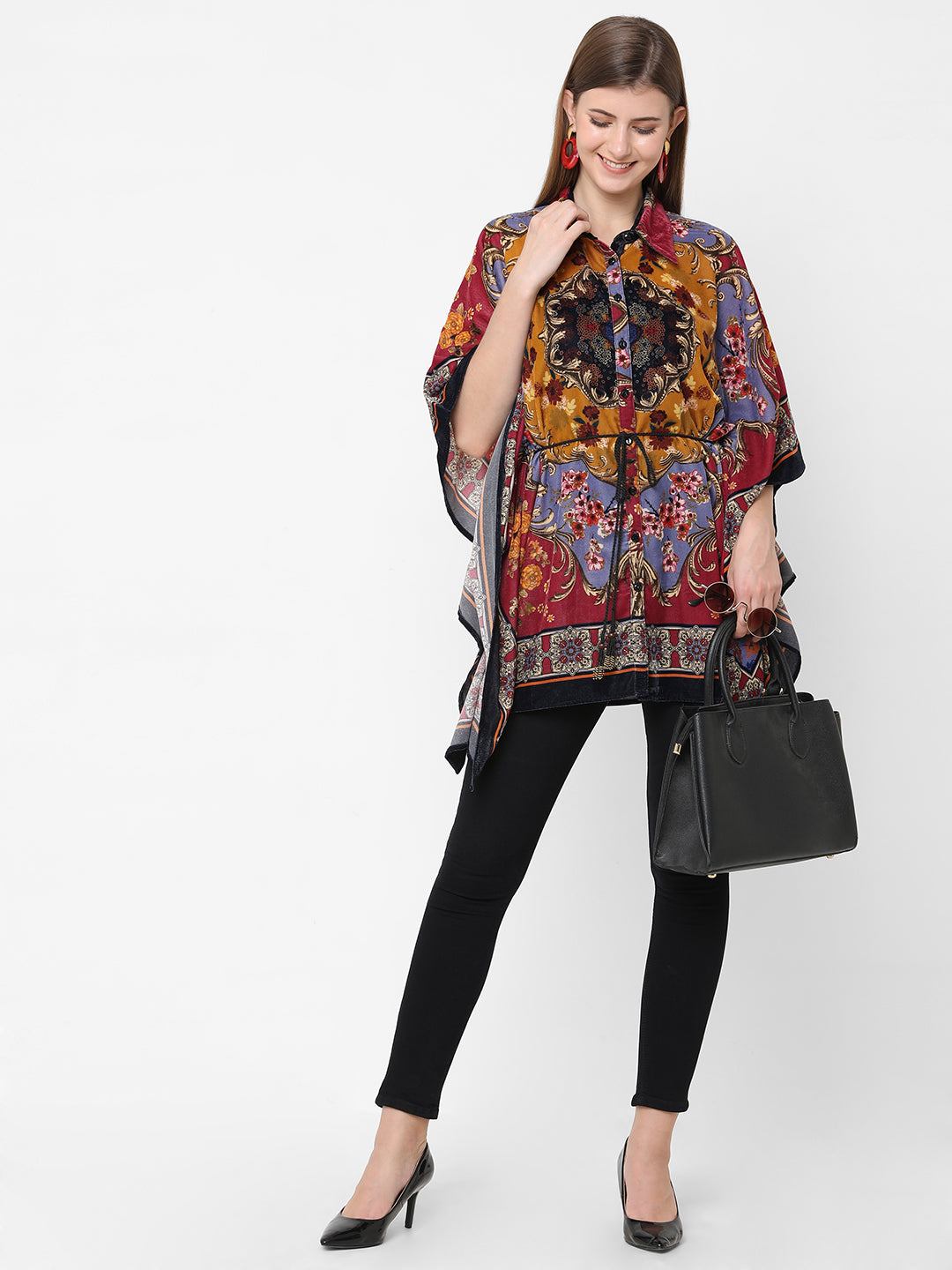 Pink Floral Print Velvet Shirt Style Top