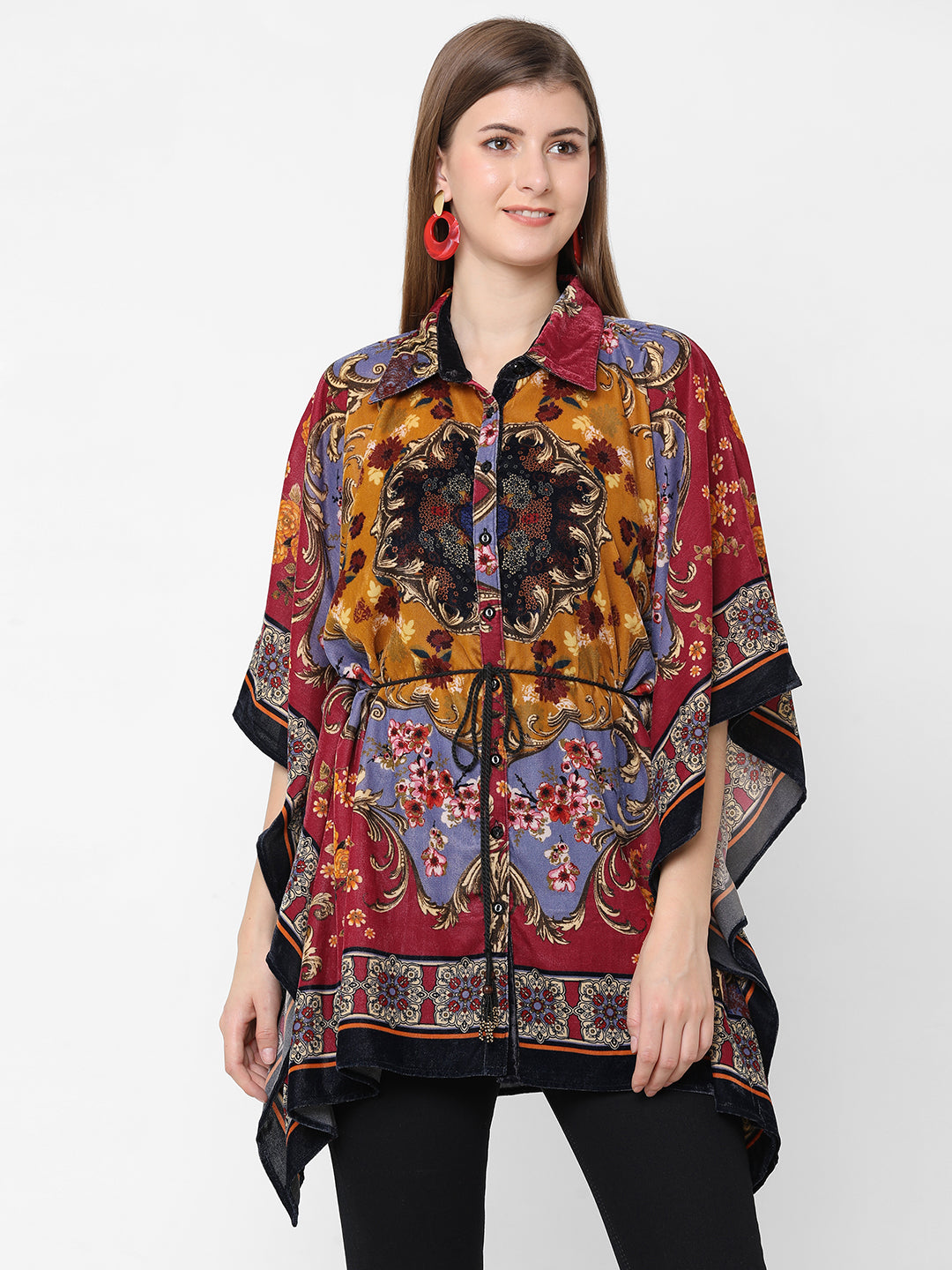Pink Floral Print Velvet Shirt Style Top