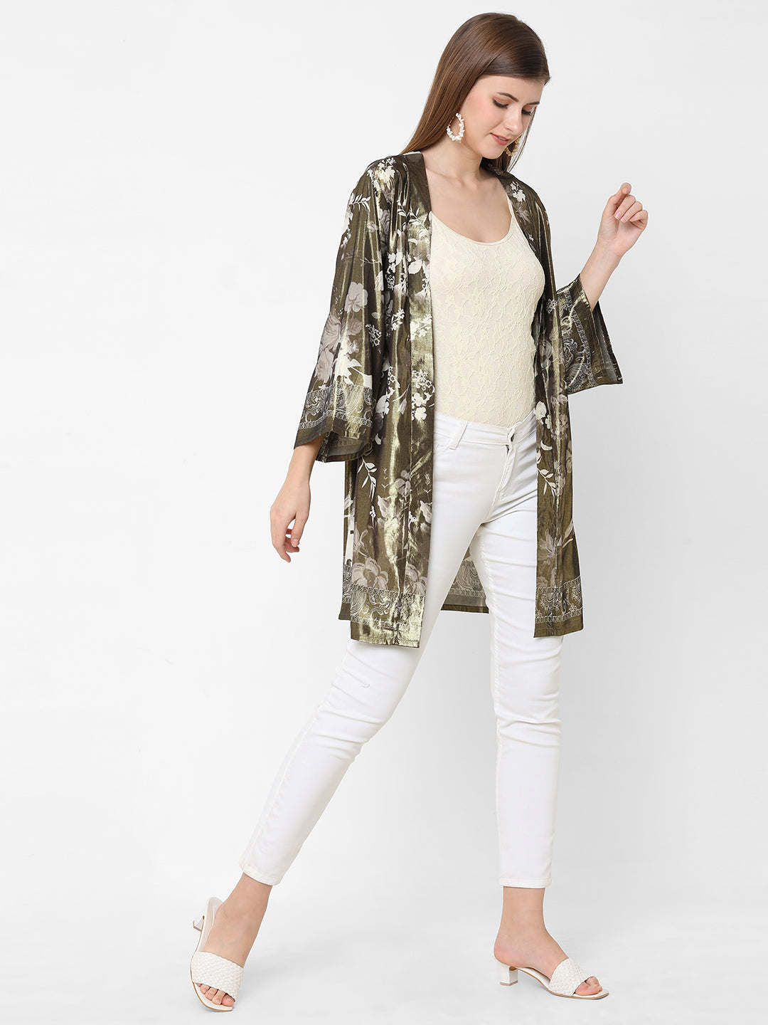 Evening Floral Printed Metallic Kimono