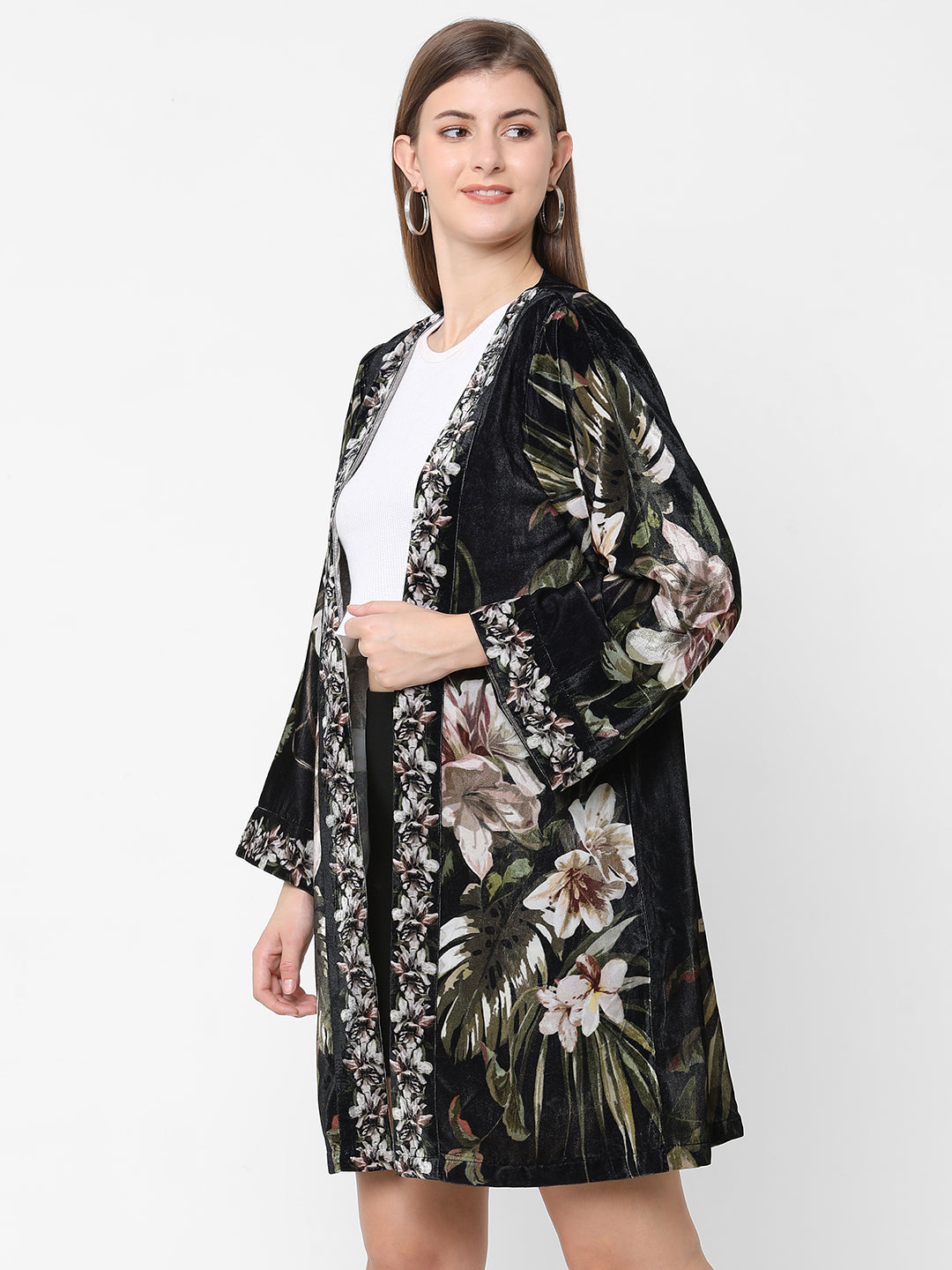 Winter Flowers Printed Velvet Kimono