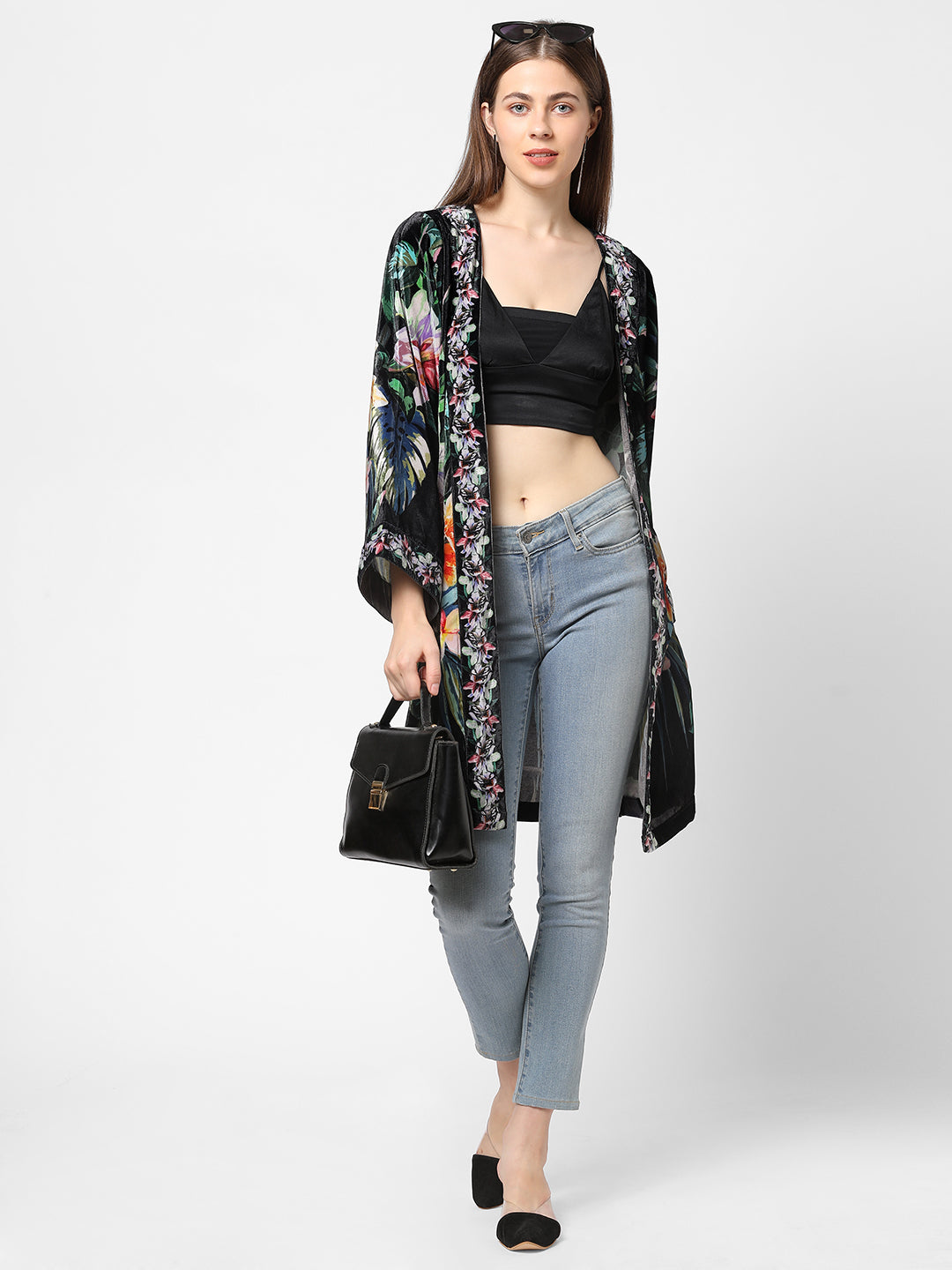 Colourful Winter Flowers Printed Velvet Kimono