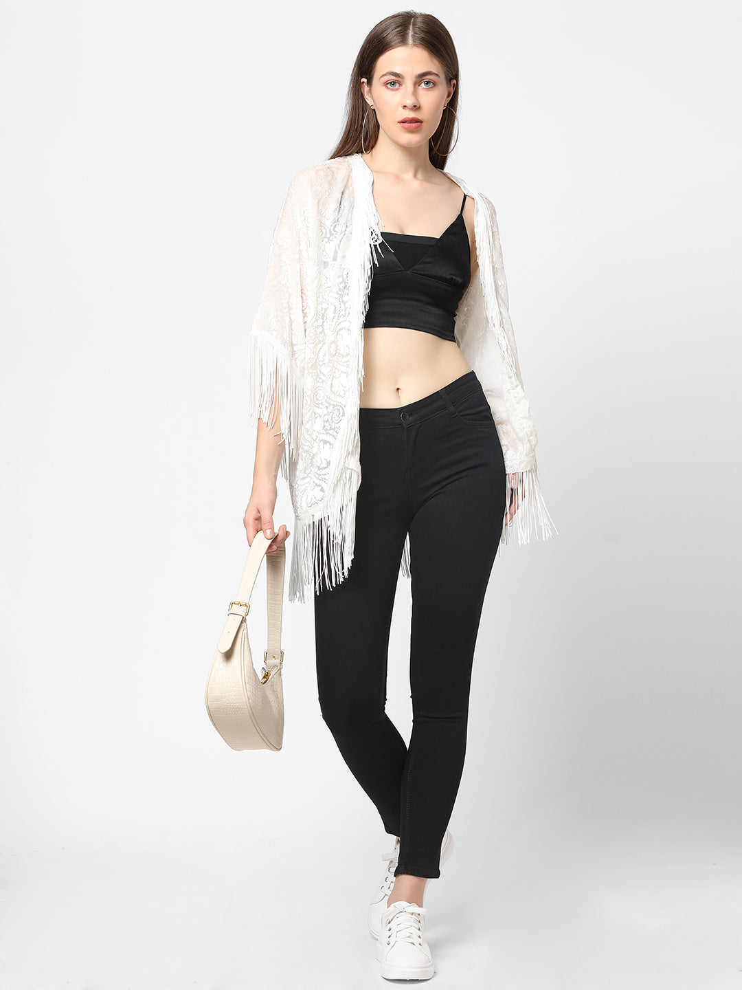 Burnout Floral White Fringed Shrug
