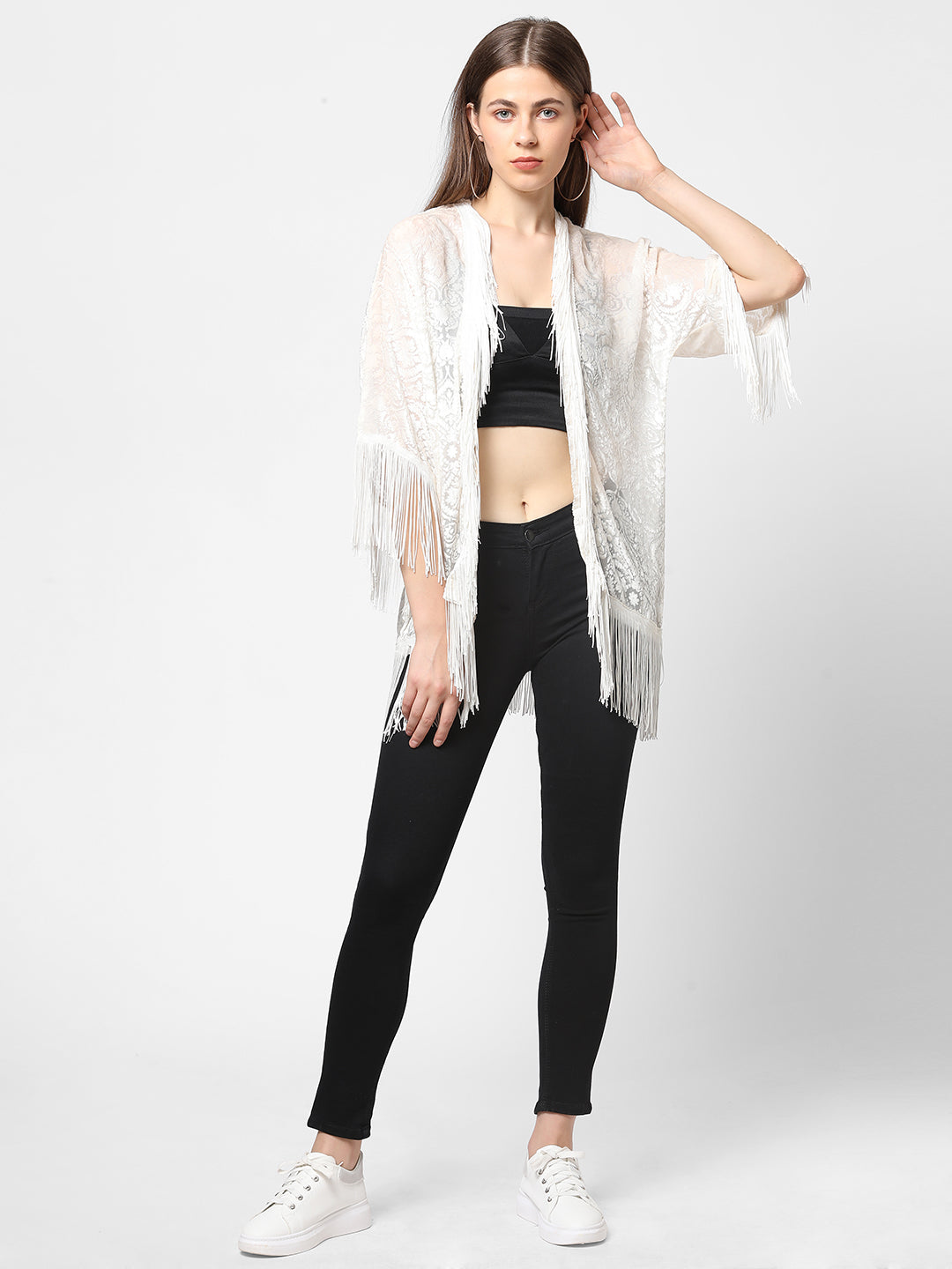 Burnout Floral White Fringed Shrug