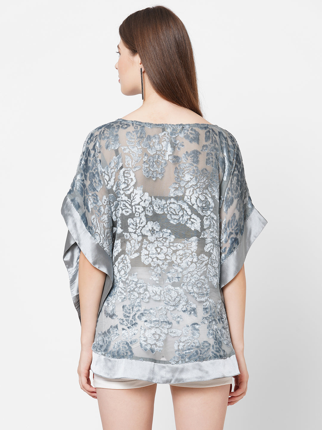 Grey Floral Printed Velvet Kaftan Top