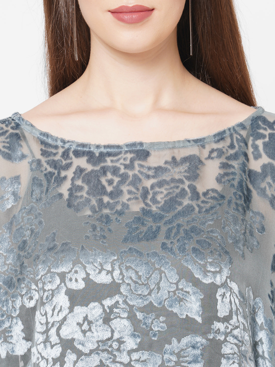 Grey Floral Printed Velvet Kaftan Top