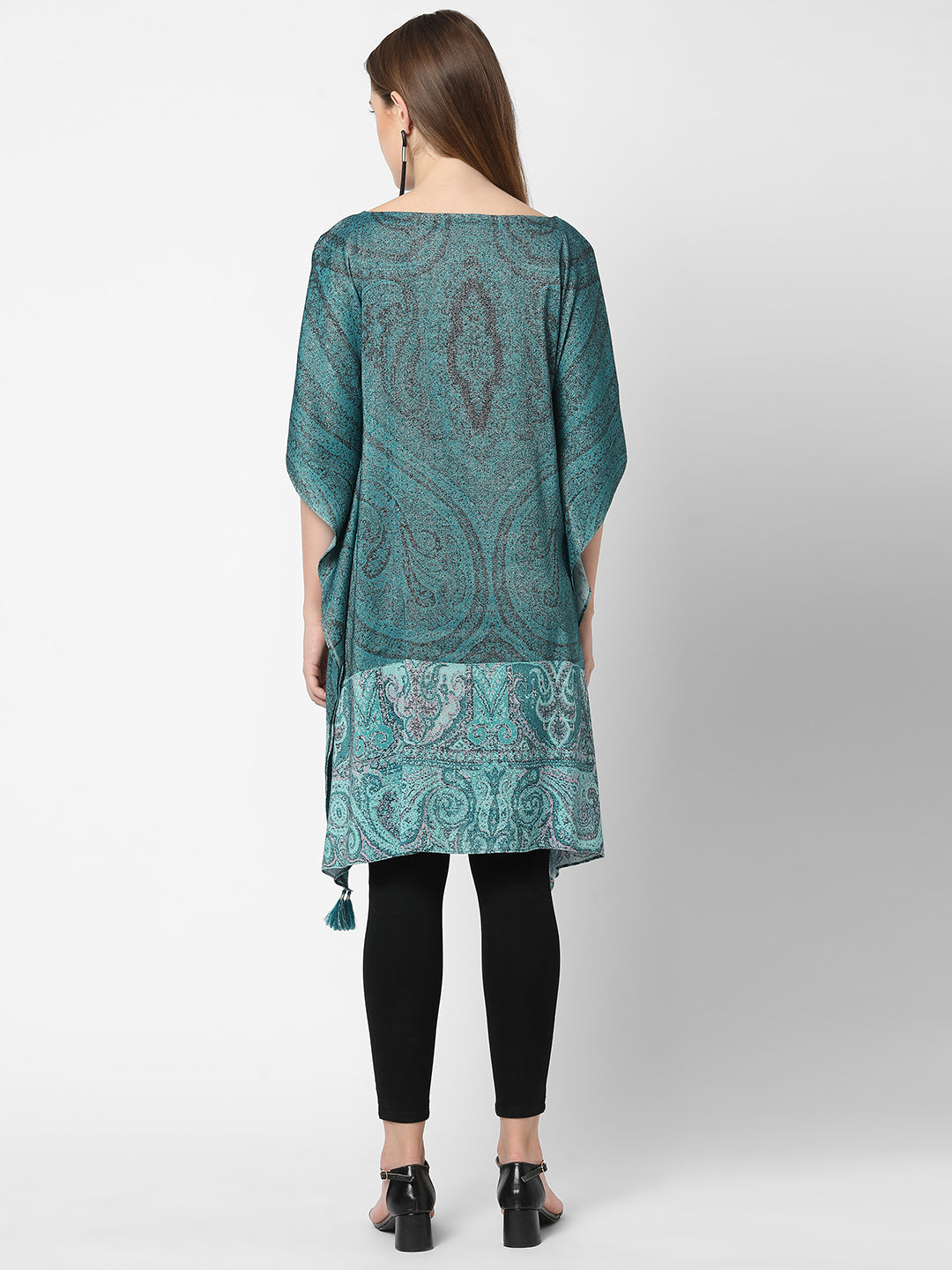 Teal Green Paisley Printed Metallic Kaftan