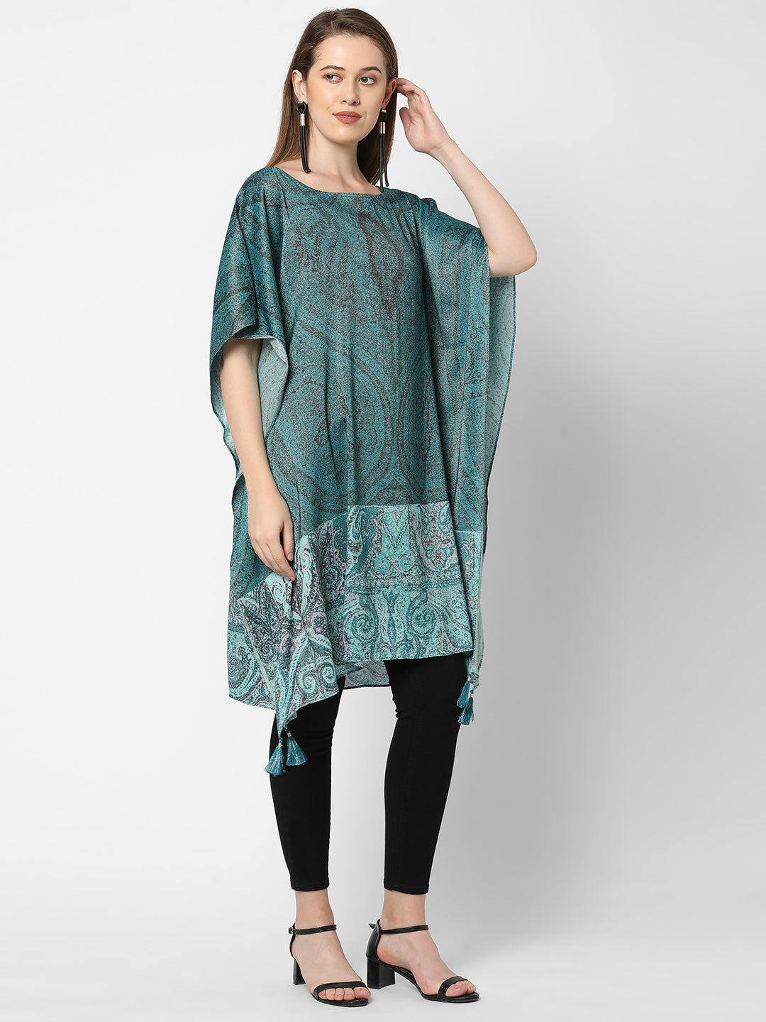 Teal Green Paisley Printed Metallic Kaftan