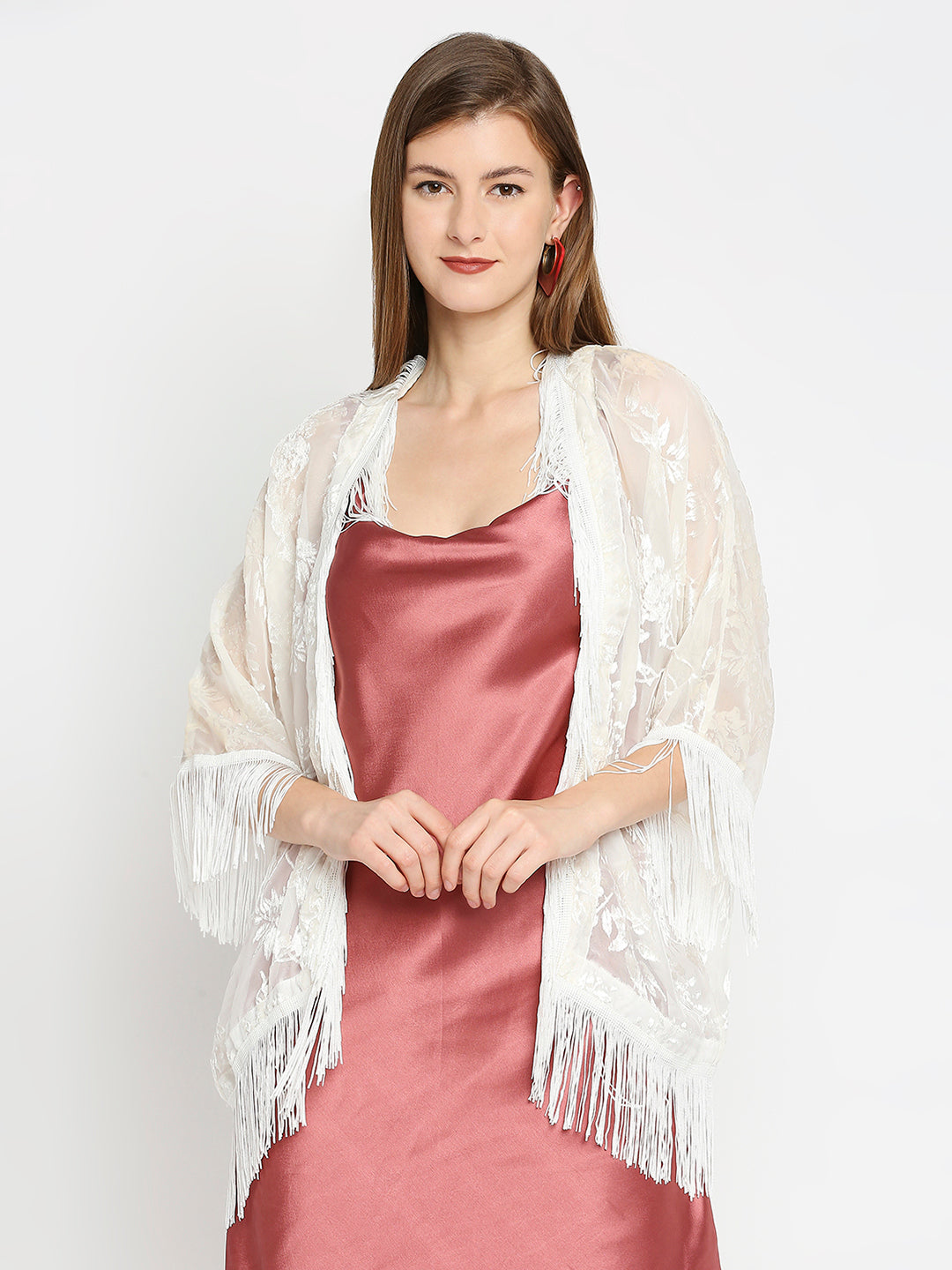 White Leaf Designed Burnout Cocoon Fringed Shrug
