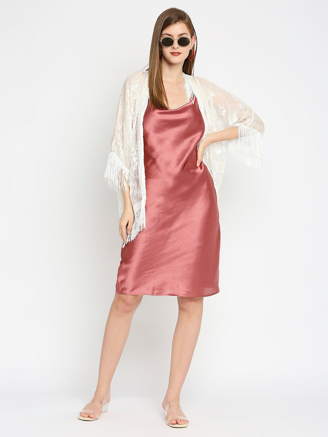 White Leaf Designed Burnout Cocoon Fringed Shrug