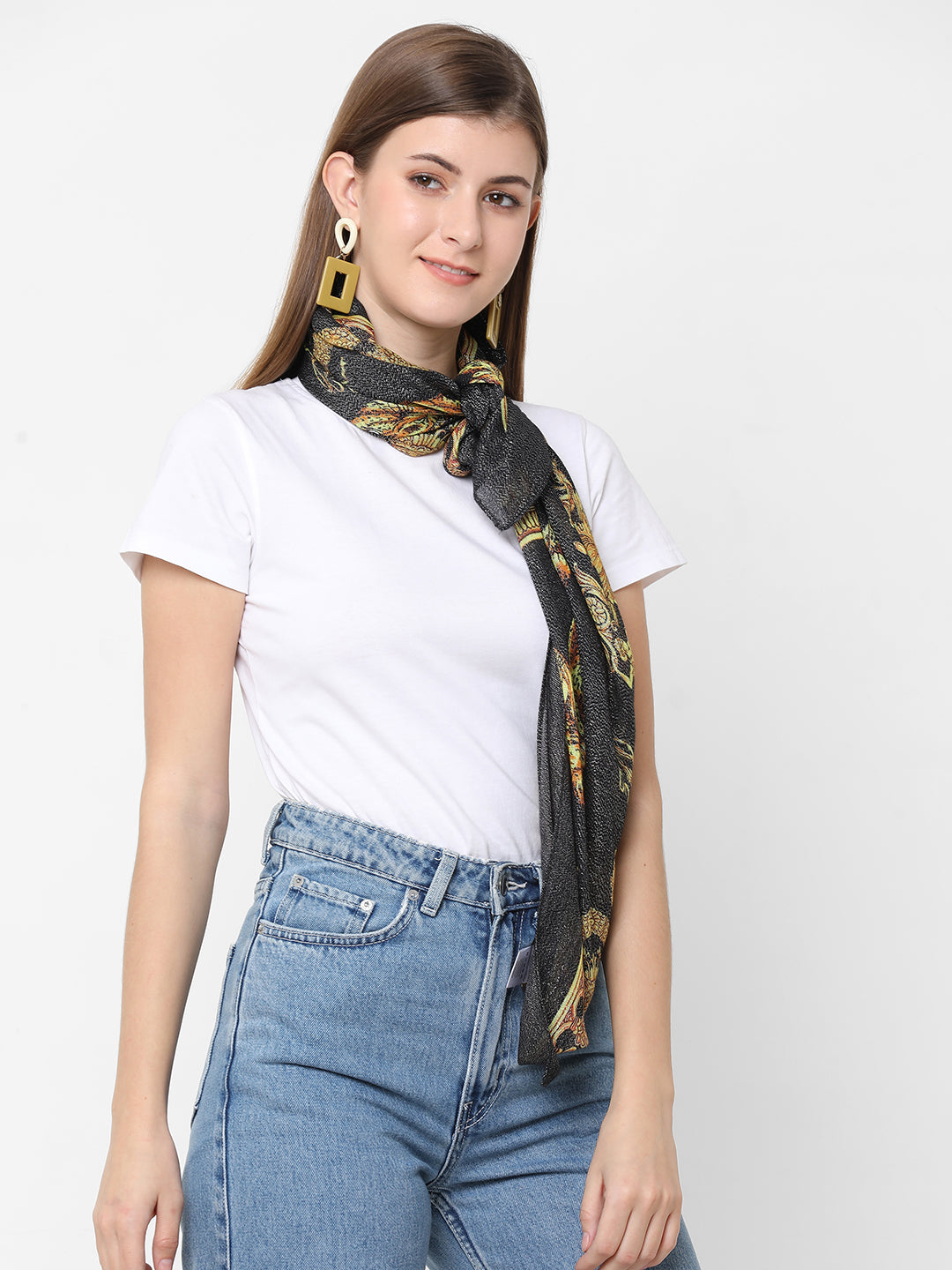 Black French Tiger Printed Metallic Scarf