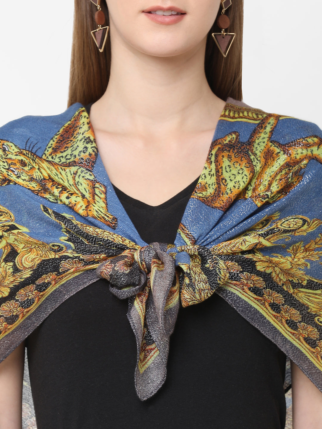 French Tiger Printed Metallic Scarf