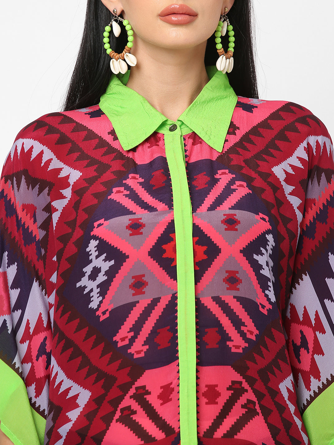 Pink & Lime Kilim Printed Shirt Style Kaftan Tunic