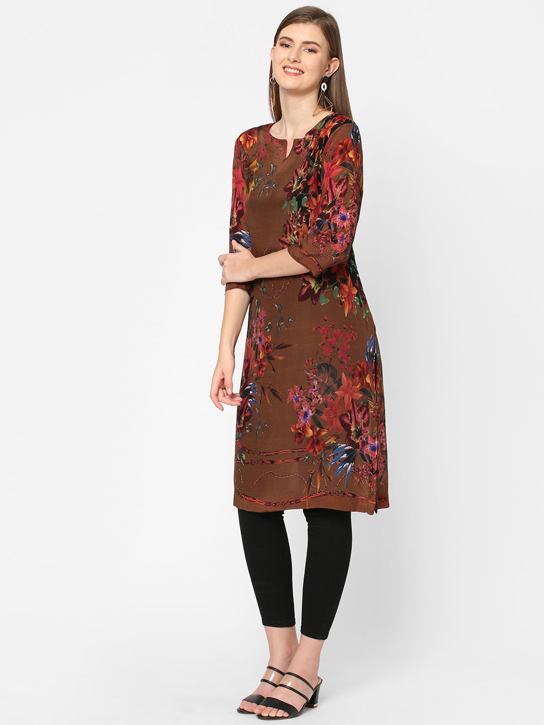 Brown Floral & Rope Printed Kurta