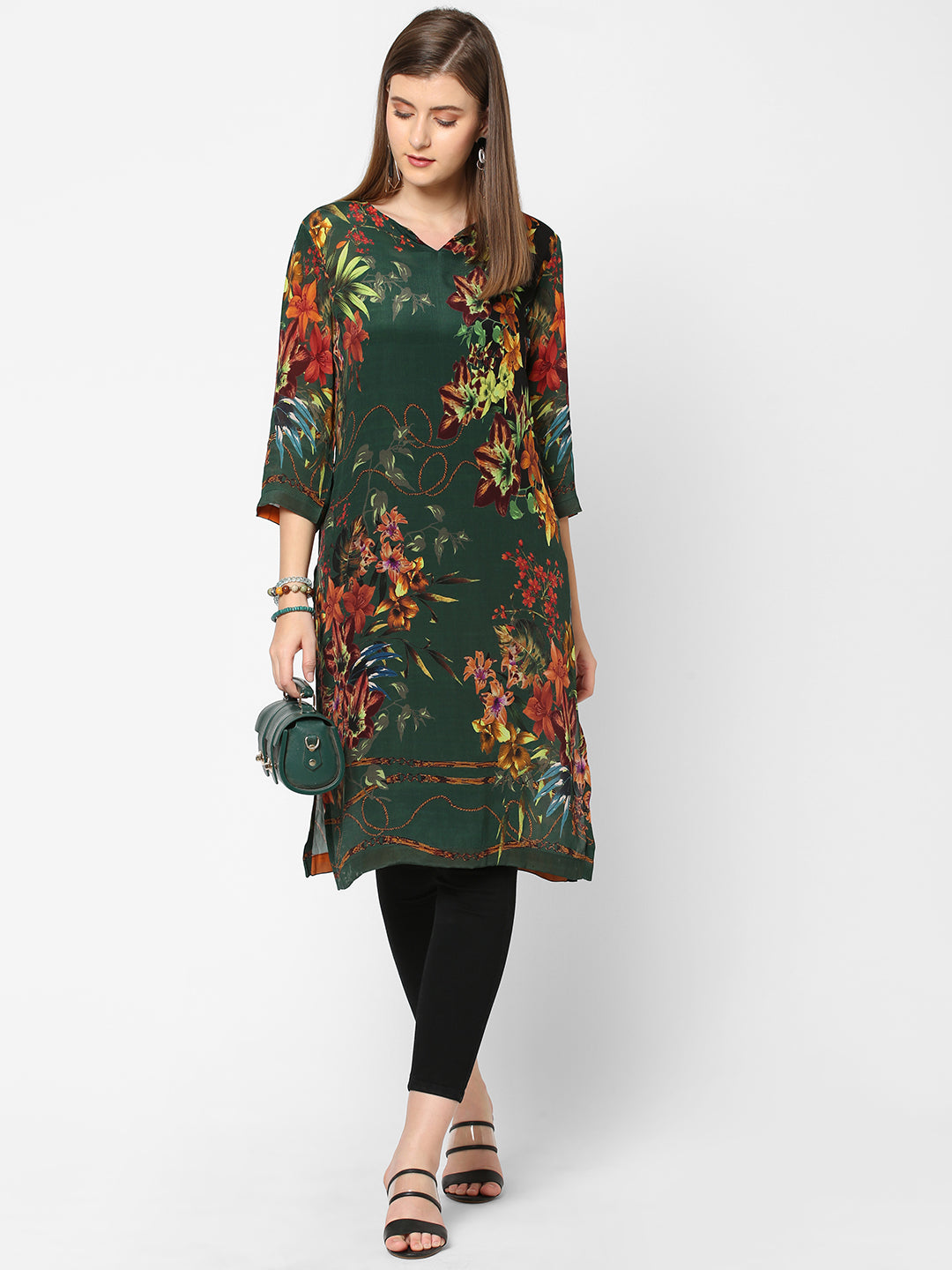 Bottle Green Floral & Rope Printed Kurta