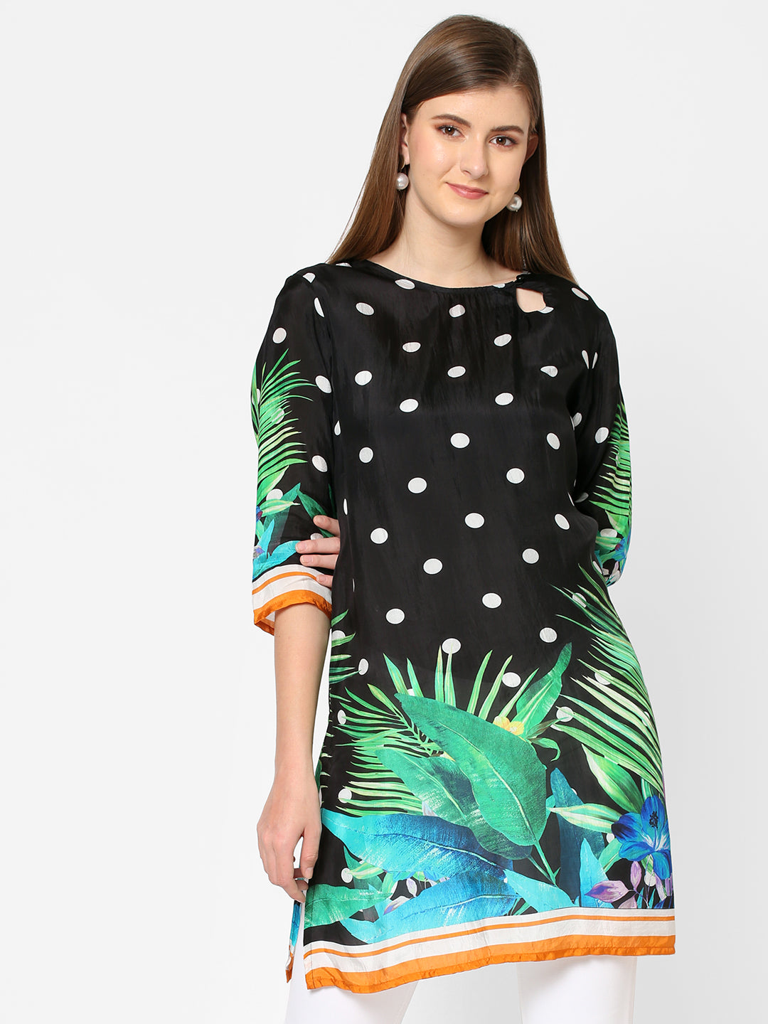 Dots & Leaves Black Printed Kurti