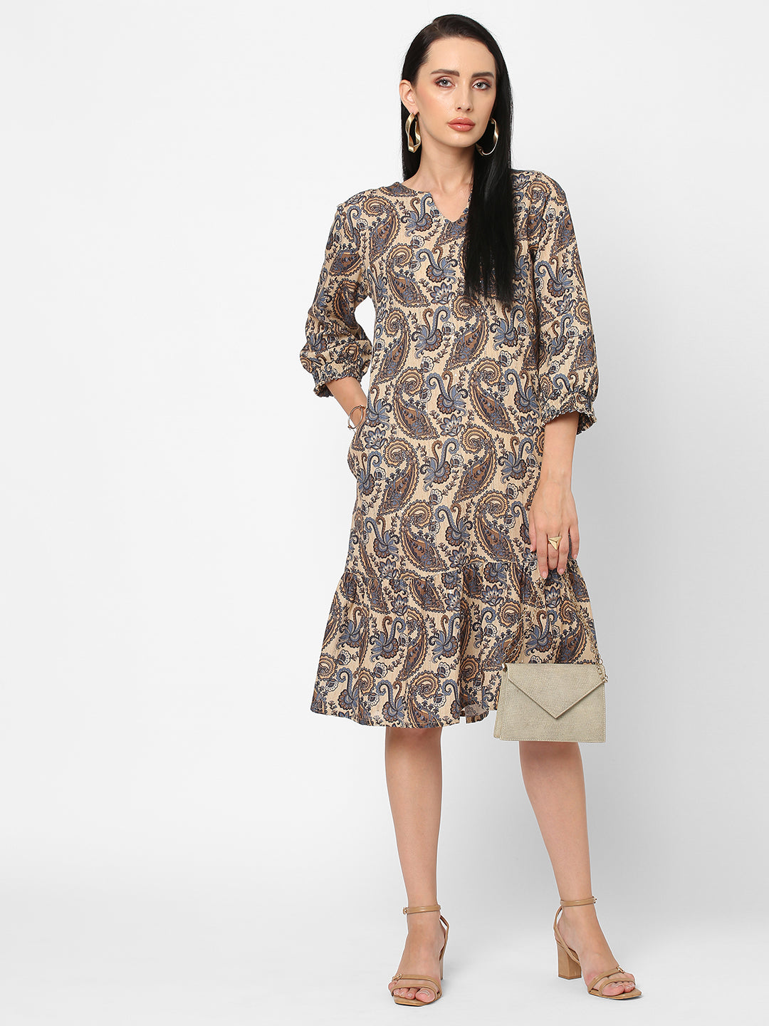 Beige Paisley Printed Sequin Dress