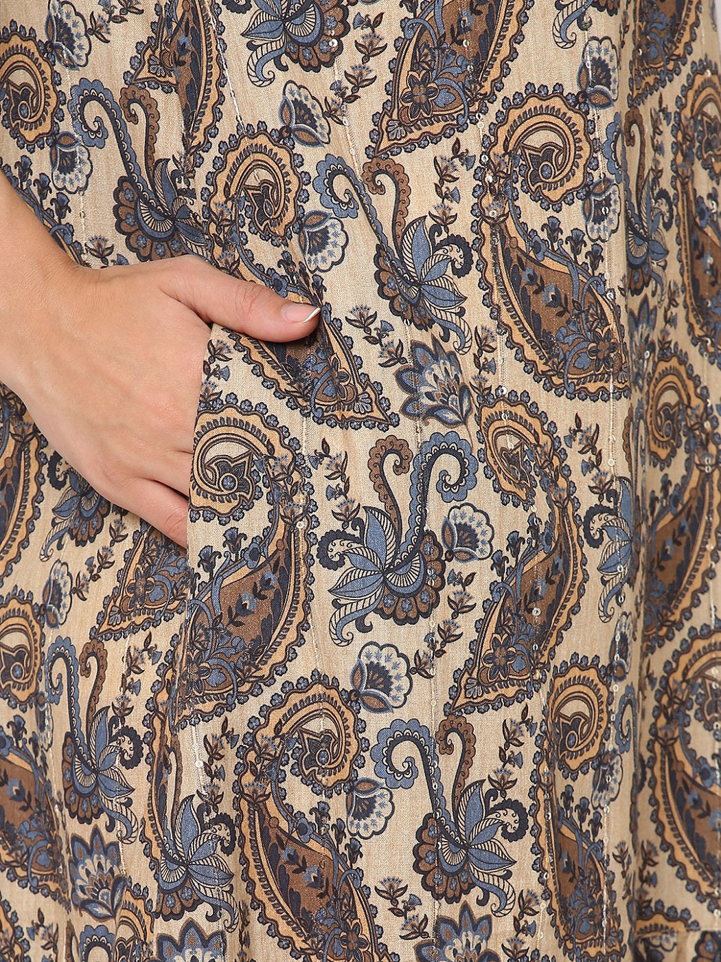 Beige Paisley Printed Sequin Dress