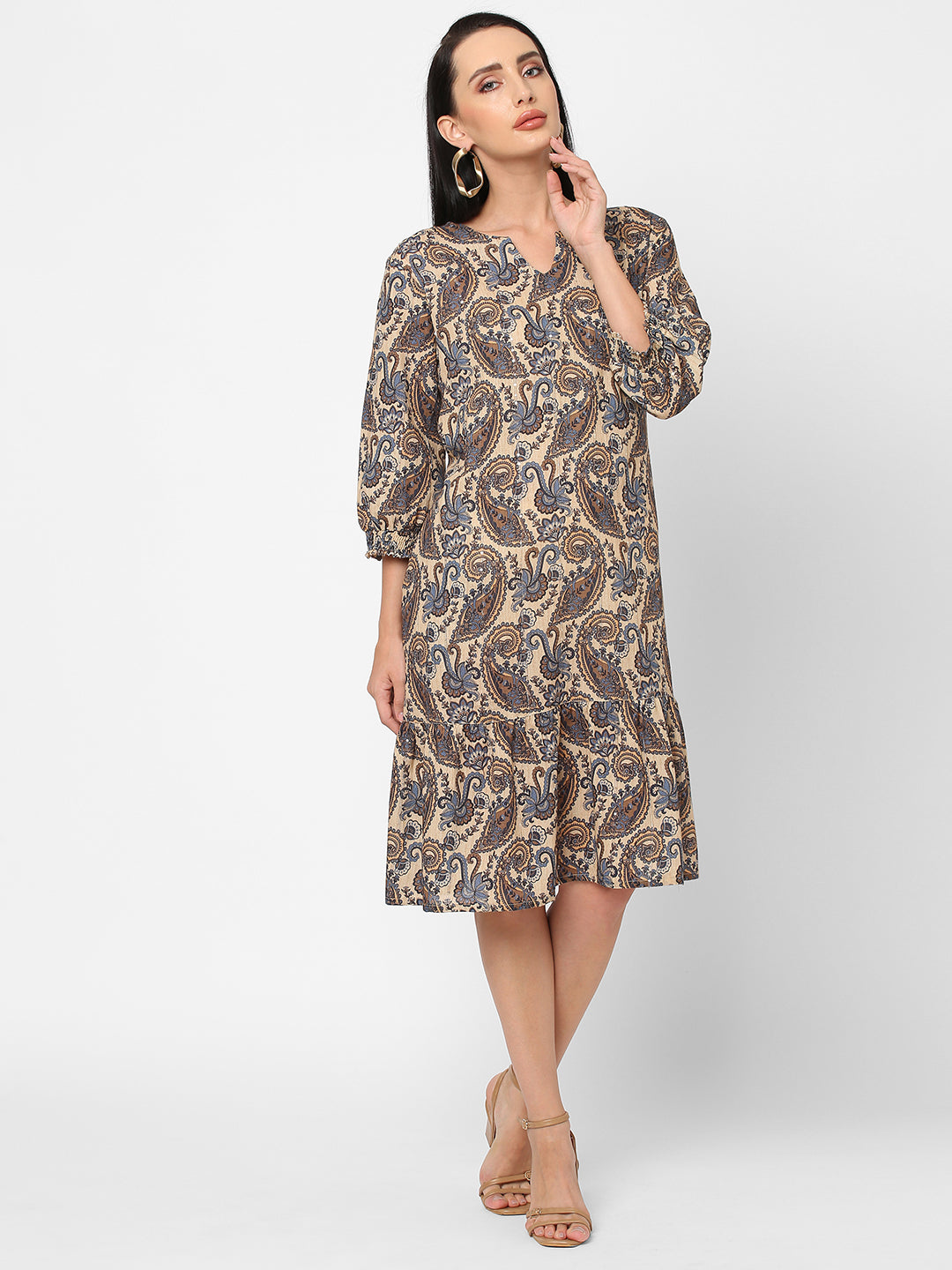 Beige Paisley Printed Sequin Dress