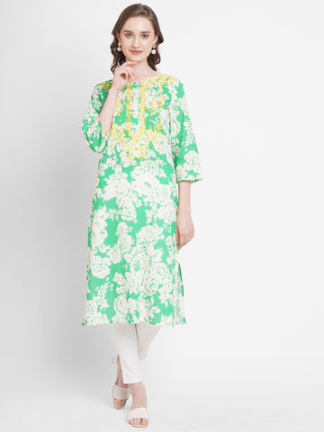 Green Embroidered Floral Cotton Kurta