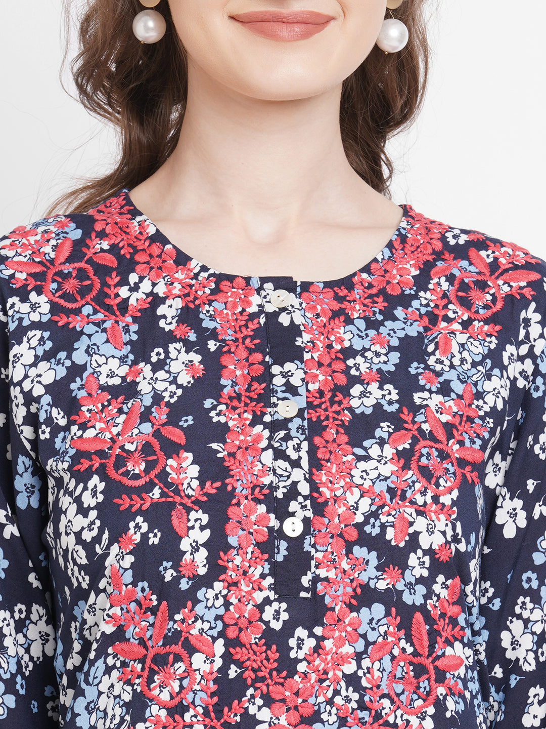 Navy Blue Embroidered Floral Viscose Kurta