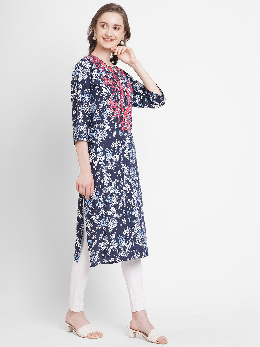 Navy Blue Embroidered Floral Viscose Kurta