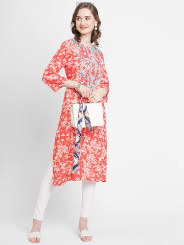Red Embroidered Floral Viscose Kurta