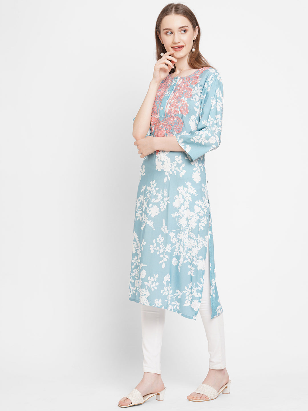 Light Grey Embroidered Floral Viscose Kurta